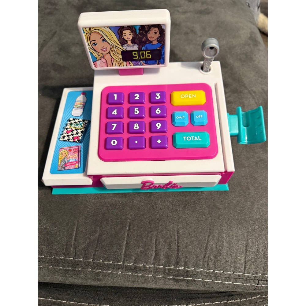 Barbie Toy Cash Register Pink White Teal Calculator Scanner Roleplay Toy tested